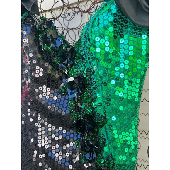 Vintage 80s Alyce Designs Green Black Sequin Ruffle Prom Ball Gown Mardi Gras XS - Picture 3 of 8